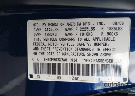 2007 Honda Accord 2.4 Se from USA, damaged, VIN 1HGCM563X7A011934